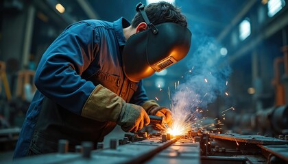 Welder works shipyard workshop. Man welding metal construction, sparks. Craftsmanship, dedication maritime artisans. Worker in protective mask, gloves. Industrial manufacturing process.