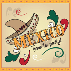 Mexican sombrero with festive swirls and text. Vector