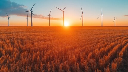 Fototapeta premium Wind turbines stand in a wheat field at sunrise.
