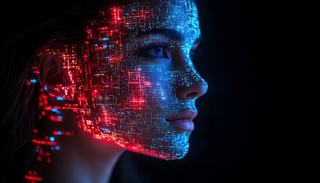 Woman's face, digital overlay, dark background