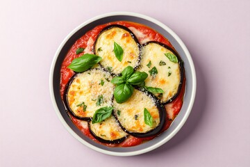 A plate of eggplant parmesan, gradient background with warm purple to soft beige on the right, isolated minimalist style.