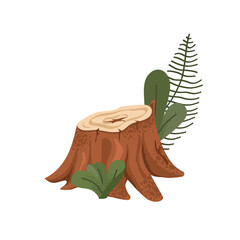 Vector illustration of a tree stump surrounded by bright green leaves and ferns in a natural setting