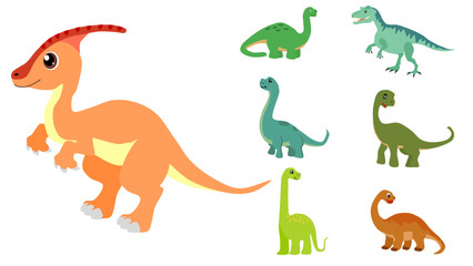 Cute Dinosaurs icon set. Cute Dinosaurs icon collection. Vector of various types of Dinosaurs icon isolated on white background. Flat icon.