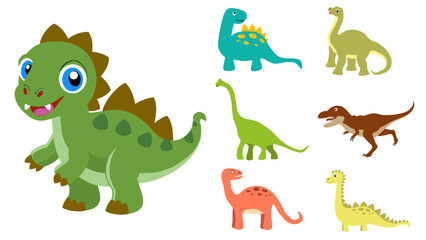 Cute Dinosaurs icon set. Cute Dinosaurs icon collection. Vector of various types of Dinosaurs icon isolated on white background. Flat icon.
