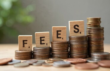 Close-up shot wooden blocks spelling FEES on coins stacks. Increasing stacks of coins represent rising cost, financial fees, expenses, charges. Banking, finance, budget concepts.