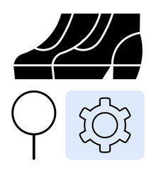Magnifying glass, gear, and boots signifying analysis, mechanics, action, and discovery. Ideal for innovation, research, progress teamwork exploration planning flat simple metaphor