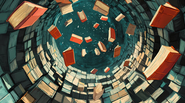 A circular library of ancient tomes, with enchanted books floating in mid-air. Forbidden Fragments. Illustration