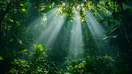 Obraz premium Sunlight Piercing Lush Rainforest Canopy