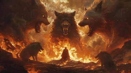 Dark dramatic depiction of Hades god of the underworld seated on a black obsidian throne a flaming river behind him as Cerberus the three headed hound snarls at lost souls