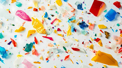 Multicolored plastic fragments dispersing across white surface, highlighting environmental contamination from microplastic waste threatening global ecosystems. Forbidden Fragments. Illustration