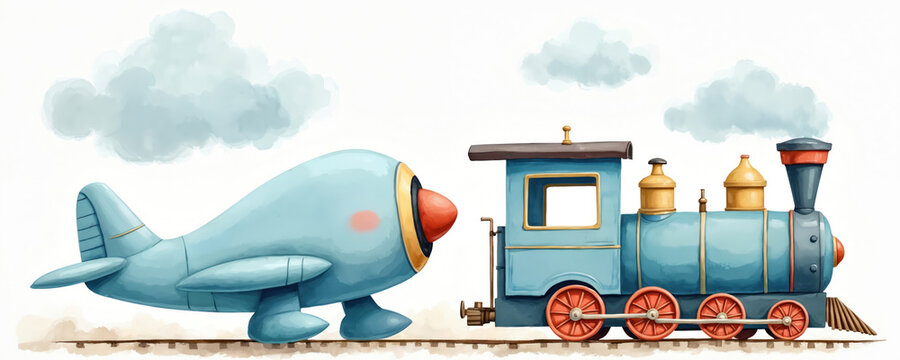 Watercolor cartoon airplane, locomotive. Adorable design for baby shower cards, birthday invitations, nursery decor, posters. Childish transport toys, sky, train, air travel. Cute illustrations for