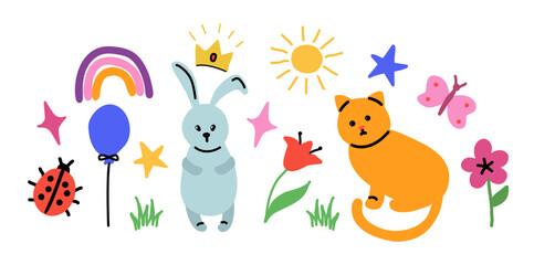 Set of children's drawings. Vector color illustration. Cat, bunny, balloon, rainbow, flower, spark, star, sun, butterfly and ladybug. Kids cute doodles drawn by hand. For postcards and designs.