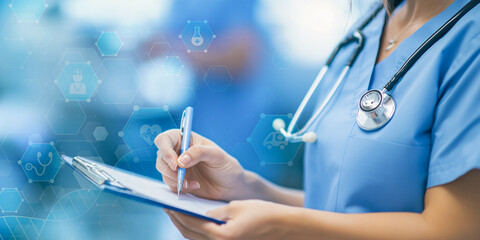 Digital Healthcare Innovation Concept: A healthcare professional uses digital tools to enhance patient care, symbolizing the integration of technology in modern medical practices.