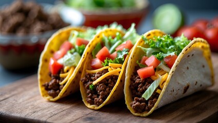 Delicious yellow hard shell tacos on cutting board. Mexico food. Ai Generative