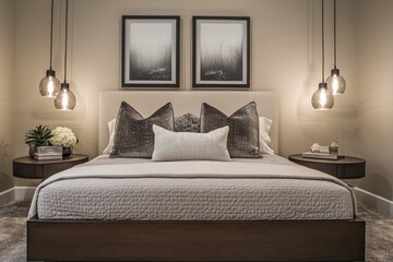 A modern and elegant bedroom displaying inviting furniture and lighting