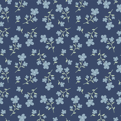 A beautiful seamless pattern features soft blue flowers and delicate green stems against a dark-blue background. 