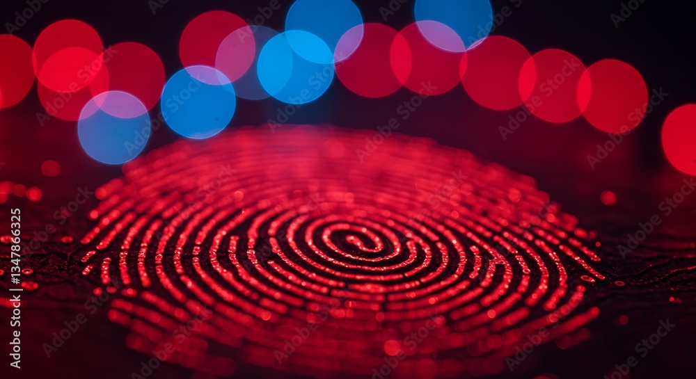Poster glowing red fingerprint biometric scan on dark surface with bokeh lights security technology macro