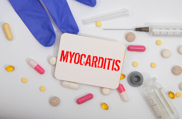 Doctor holdnd stethoscope and paper sheet woth text Myocarditis.