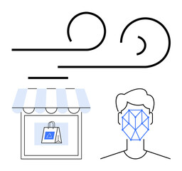 Facial recognition overlay on human figure, store window with shopping bag, digital waves. Ideal for security, technology, AI, e-commerce, identity innovation retail. Flat simple metaphor