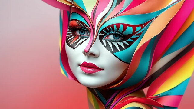 Tracking around a beautiful woman with abstract Carnaval mask and vibrant ribbons on red background