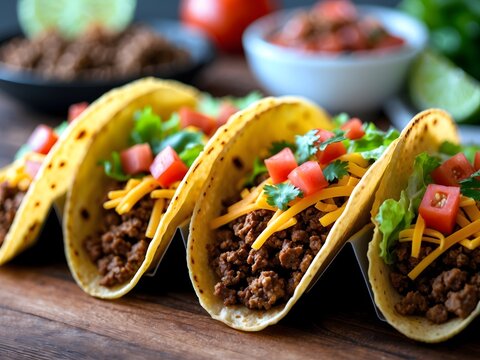 Delicious yellow hard shell tacos on cutting board. Mexico food. Ai Generative