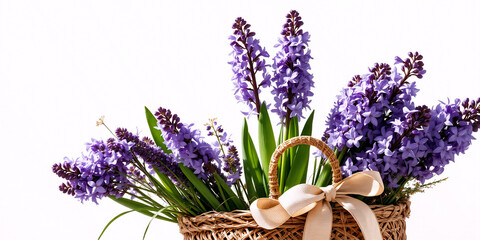 A woven basket filled with vibrant purple hyacinth flowers, some in full bloom and others budding, arranged against a plain white background.
