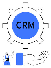 Gear with CRM text symbolizing organizational tools, open hand for service and worker figure for workforce. Ideal for business, management, support, teamwork, productivity, communication, flat simple