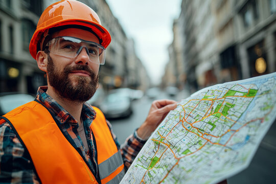 civil engineer wearing orange safety vest and helmet examines detailed map on city street, showcasing his focus and dedication to construction project