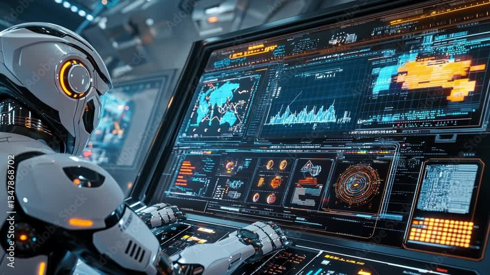 Poster futuristic robot monitoring data on advanced interface