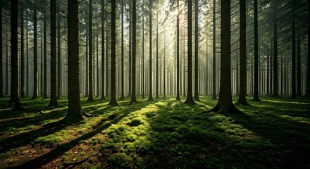 Fototapeta premium A vast forest stretching endlessly, with light filtering through the canopy of leaves, AI Generated