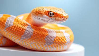 Fototapeta premium vibrant orange snake with striking patterns rests gracefully on pedestal