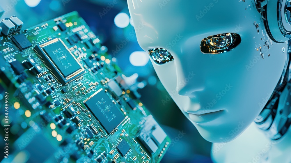 Poster close-up of humanoid robot engineer with circuit board design and advanced ai features