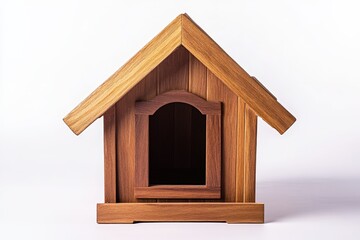 A small brown wooden dog house sits on a white surface
