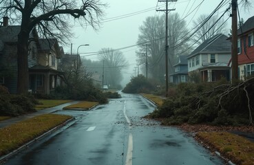 Storm-torn neighborhood after powerful weather event. Fallen trees block residential street. Damage to buildings, power lines. Scene of devastation, disaster, aftermath of severe storm.