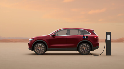 Fototapeta premium red electric SUV charging in remote desert landscape, showcasing modern design and technology
