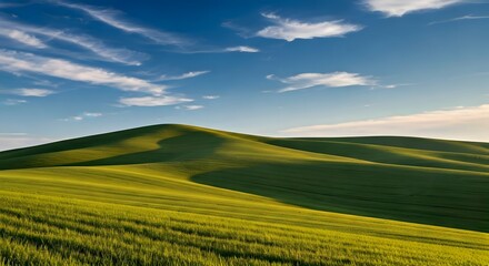 Naklejka premium Rolling hills covered in thick grass with a bright blue sky and scattered clouds, Ai Generated
