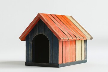 A colorful wooden dog house stands on a plain white surface