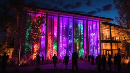 Spectacular light installation on a modern building facade at night