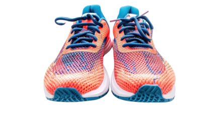 Pair of orange and blue running shoes isolated on transparent background