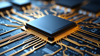 Closeup of Modern Electronic Chipset Circuit with Golden Traces