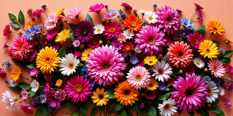 Fototapeta premium A vibrant display of assorted gerbera daisies in full bloom. A colorful mix of pink, orange, yellow, purple, red, white and blue hues against a warm orange backdrop.