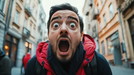 Comic-style exaggerated reaction of a person realizing they forgot to wear pants in public, dynamic action shot with expressive facial features