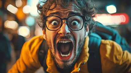 Comic-style exaggerated reaction of a person realizing they forgot to wear pants in public, dynamic action shot with expressive facial features