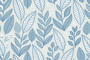 Fototapeta premium Subtle Leaf Illustrations in Cool Blue Tones on White, Abstract Natural Design for Textiles and Wallpaper Pattern Background
