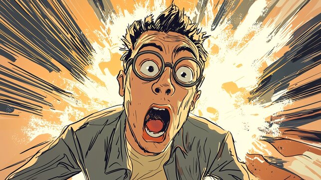 Comic-style exaggerated reaction of a person realizing they forgot to wear pants in public, dynamic action shot with expressive facial features