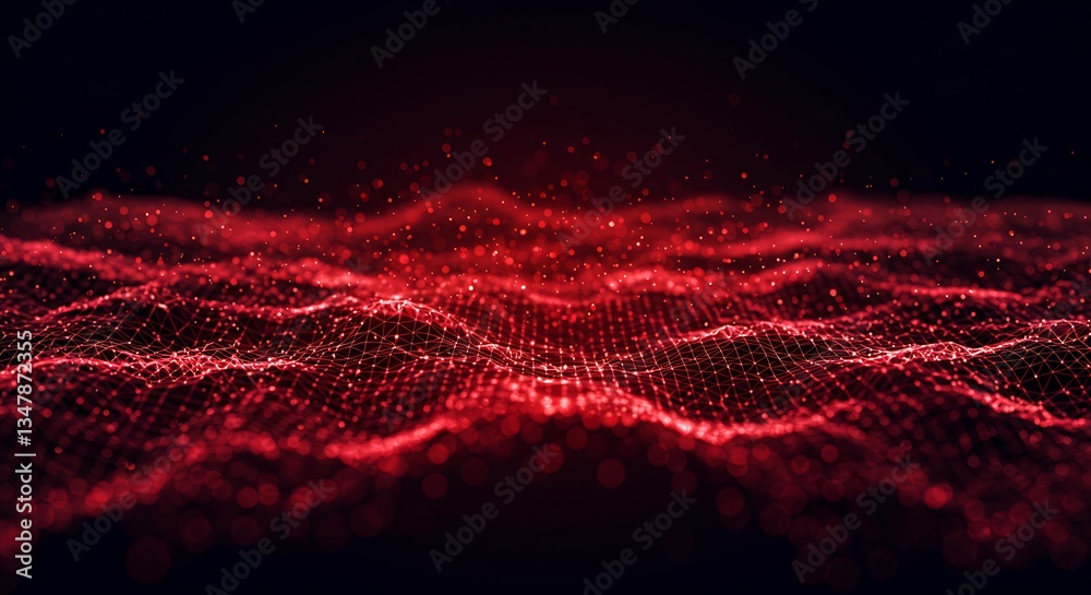 Fototapete Red Data Network Grid Pulsating Wave on Dark Backdrop Abstract Technology Visualization