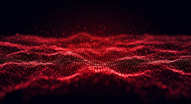 Red Data Network Grid Pulsating Wave on Dark Backdrop Abstract Technology Visualization