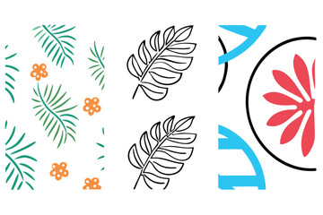 Colorful Tropical Palm Leaf and Floral Pattern Design with Geometric Shapes and Bold Lines on White Background Pattern Background