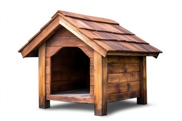 A detailed wooden dog house isolated on a white background