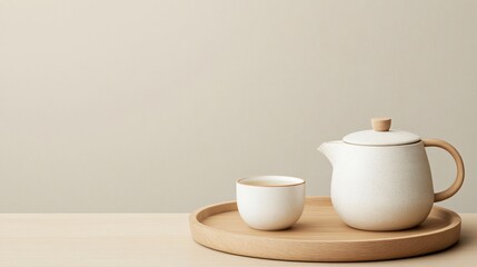 A wooden tea tray, gradient background with warm tan to soft beige on the right, isolated minimalist style.